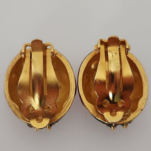 MULTILANA SIGNED VINTAGE LADY BUGS ENAMEL CLIP EAR RINGS WITH CLEAR RHINESTONES - Picture 5 of 8